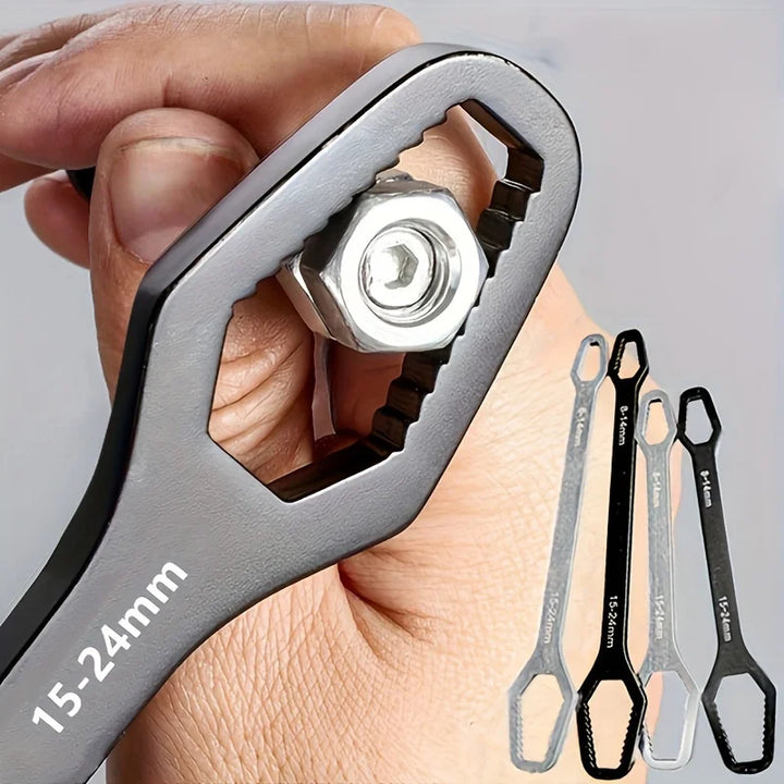Self-tightening double-ended adjustable ratchet wrench