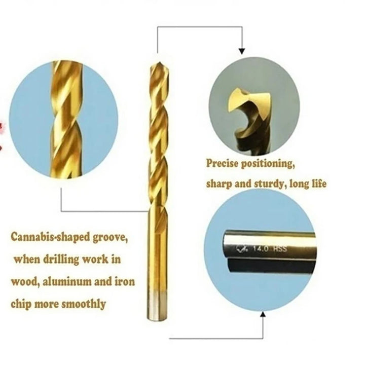 Titanium-coated HSS drill bit set, multiple sizes