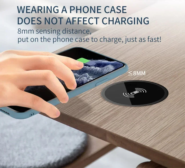 Embedded Desktop Wireless Charger – charging an iPhone (view 2)