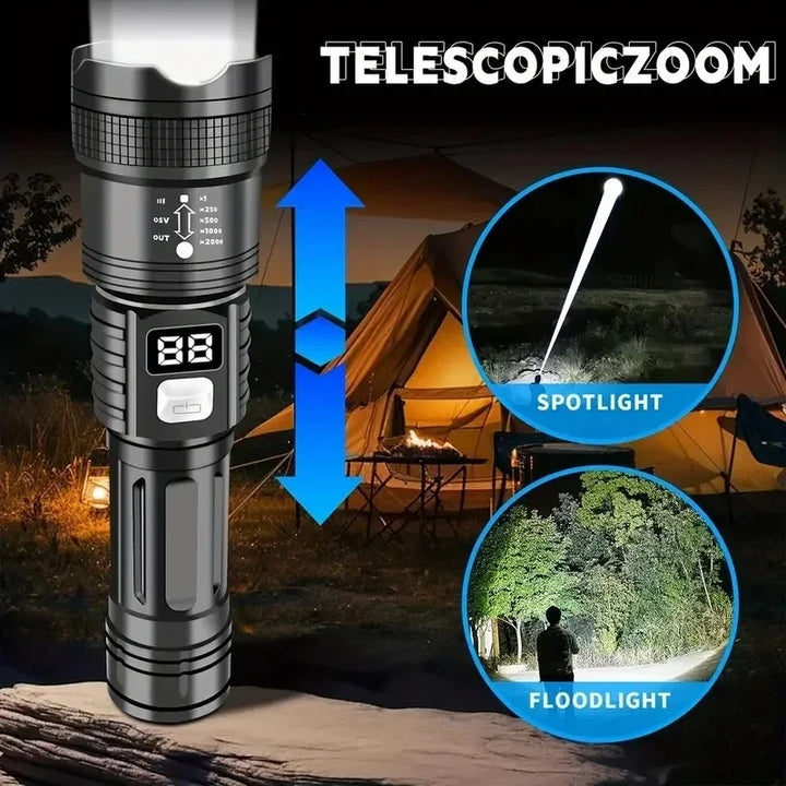 Rechargeable LED tactical flashlight for outdoor use