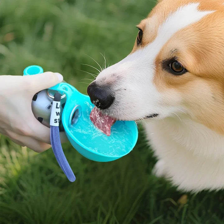 Stainless Steel Dog Water Bottle with Bowl – in-use on a walk