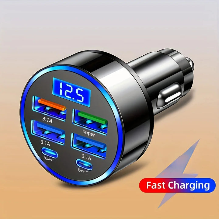 6-in-1 fast charging car adapter with digital display