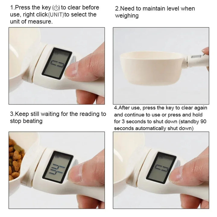 Digital Pet Food Scale with Measuring Scoop – in-use with cat food (view 2)