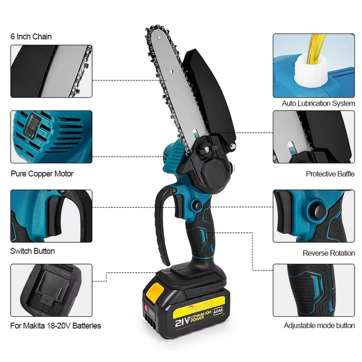 1700RPM 6 Inch Mini Li-Ion Electric Chainsaw One Hand Portable Saw Fit 18V Makita Battery for Wood Cutting （No Battery）