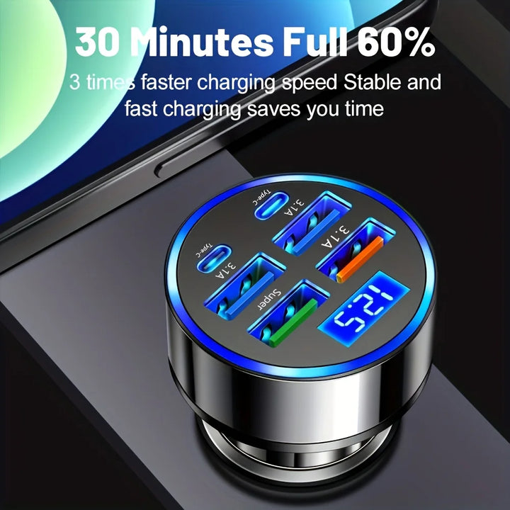 6-in-1 fast charging car adapter with digital display