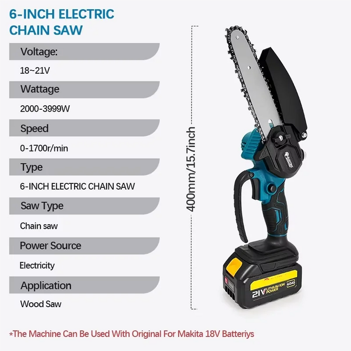 1700RPM 6 Inch Mini Li-Ion Electric Chainsaw One Hand Portable Saw Fit 18V Makita Battery for Wood Cutting （No Battery）