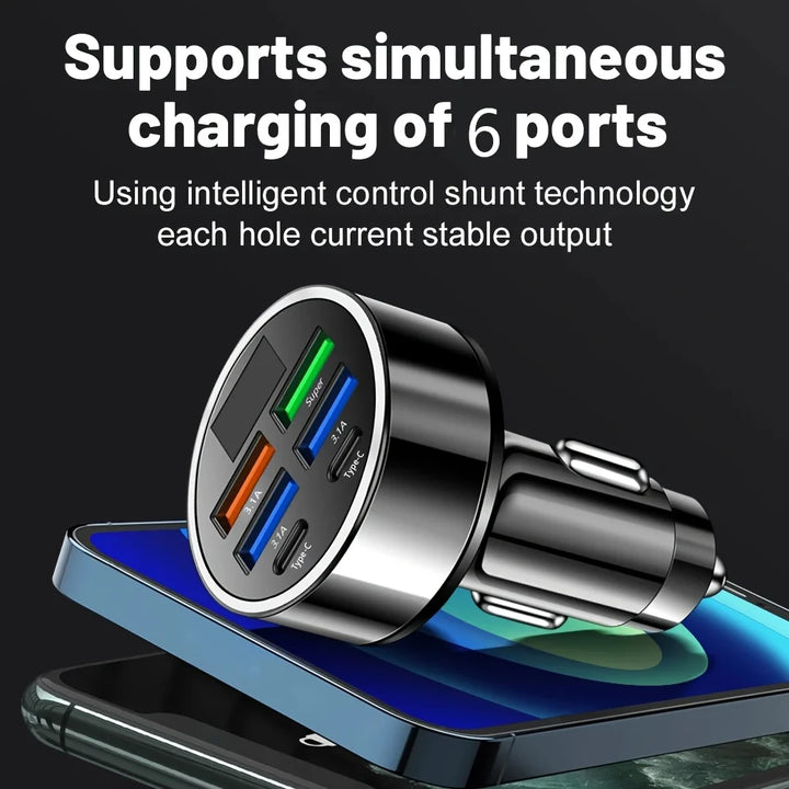 6-in-1 fast charging car adapter with digital display