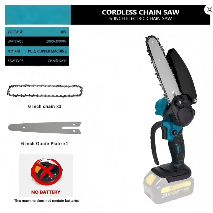 1700RPM 6 Inch Mini Li-Ion Electric Chainsaw One Hand Portable Saw Fit 18V Makita Battery for Wood Cutting （No Battery）