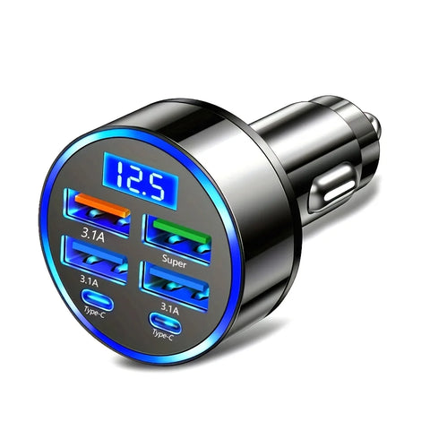 6-in-1 fast charging car adapter with digital display