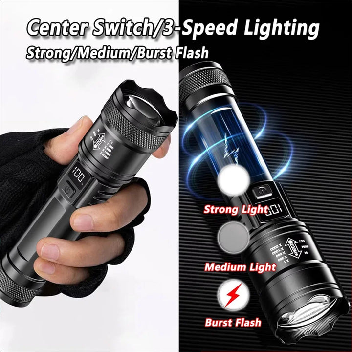 Rechargeable LED tactical flashlight for outdoor use